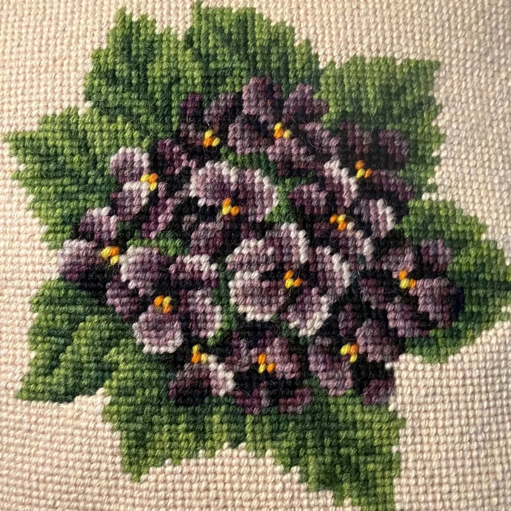 Vtg Needlepoint Pillow Purple Violets Zippered Cover Satin Backing 12x12
